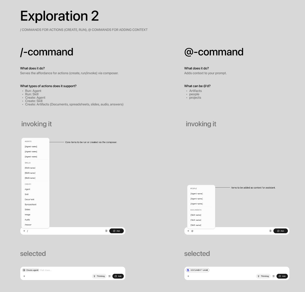 Exploration 2: / for actions such as create and run, @ for adding context